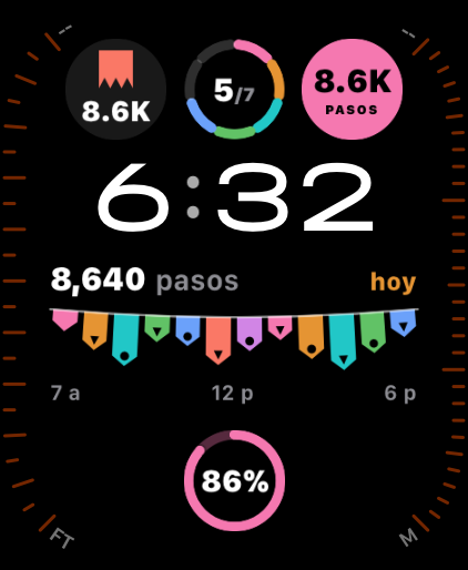Picale complications on a watch face showing steps, goal progress and an hourly flag chart