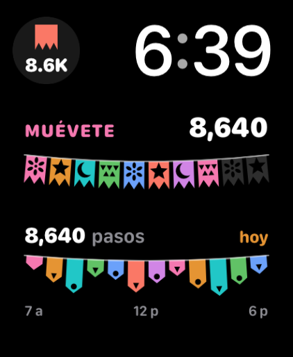 Picale on a watch face showing 8,640 steps with a row of papel picado flags